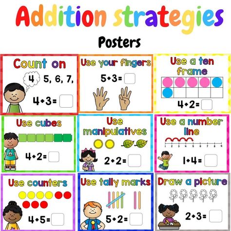 Addition strategies posters and flashcards

Help your child learn addition with these colorful posters and flashcards. The posters feature step-by-step instructions for different addition strategies, while the flashcards provide practice with different types of addition problems. These resources are perfect for helping your child develop strong addition Posters For Kindergarten, Math Strategies Posters, Math Folders, Math Word Wall, Addition Strategies, Math Wall, Math Posters, Math Word Walls, Addition Kindergarten