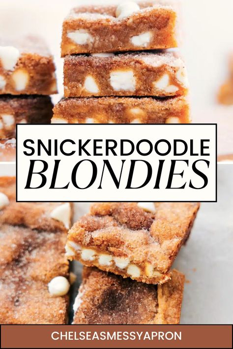 Snickerdoodle Blondies are the ultimate dessert—soft, chewy, and loaded with white chocolate chips, all topped with a sweet cinnamon-sugar layer. #dessert #best #quick #easy #simple #treat #kidfriendly #snickerdoodle #blondies Blonde Snickerdoodle Bars, White Chocolate Snickerdoodle Blondies, Snickerdoodle Blondie Bars, Snickerdoodle Brownies, Snickerdoodle Desserts, Snickerdoodle Blondies, Layer Dessert, Snickerdoodle Bars, White Chocolate Blondies