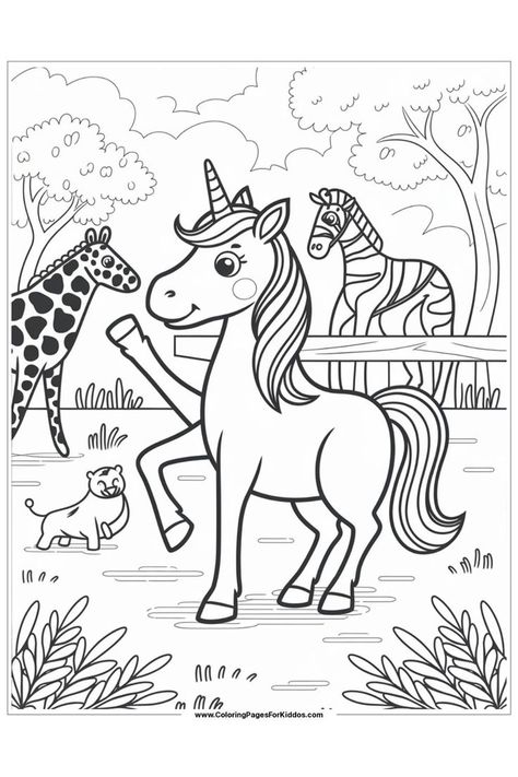 A unicorn standing near a giraffe, zebra, and other animals in a park. Grade School Activities, Unicorn Coloring Pages Free Printable, Unicorn Coloring Sheets, Unicorn Coloring Pages For Kids, Drawing Coloring Pages, Forest Coloring Pages, Happy Unicorn, Enchanted Forest Theme, Enchanted Forest Coloring