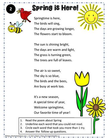 Reading Comprehension About Spring Poetry Comprehension Worksheets, Poetry Comprehension, Spring Worksheets, Preschool Poems, Poem Activities, Spring Poem, Spring Worksheet, Spring Reading, Critical Thinking Activities