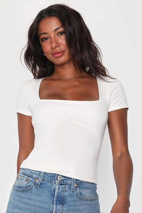 Scoop Neck Top Outfit, Square Neck Top Outfit, White Square Neck Top, Clothes Moodboard, Teen Tops, Low Neck Tops, Square Neck Shirt, Square Neckline Top, 2023 Clothes