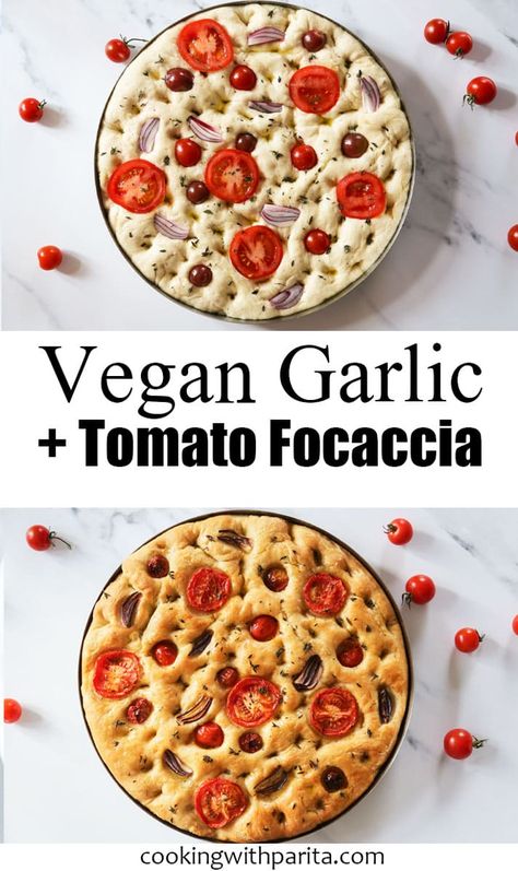 Vegan Focaccia Bread, Vegan Focaccia, Tomato Focaccia, Cooking Goals, Veggie Society, Vegan Bread Recipe, Cooking Vegan, Focaccia Bread Recipe, Vegan Baking Recipes