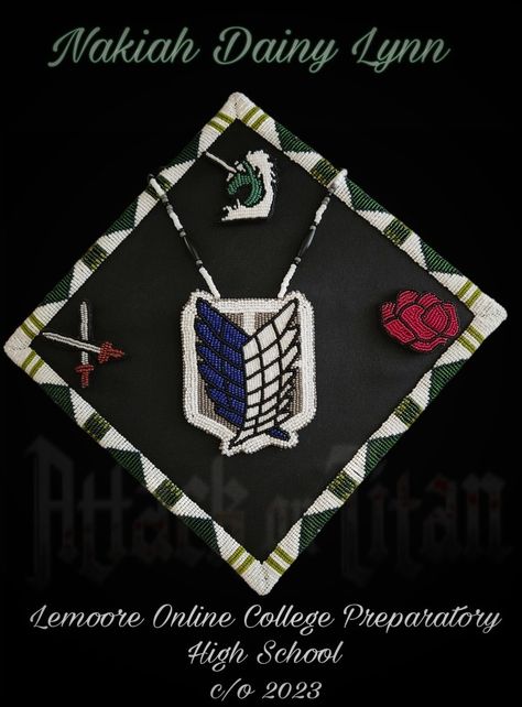 My oldest daughter beaded this for my youngest daughter and last graduate! Attack on Titan design....so proud of both❤️🎓 Attack On Titan Graduation Cap, Attack On Titan Design, Titan Design, Graduation Hats, Oldest Daughter, Youngest Daughter, Graduation 2024, Grad Caps, Graduation Hat