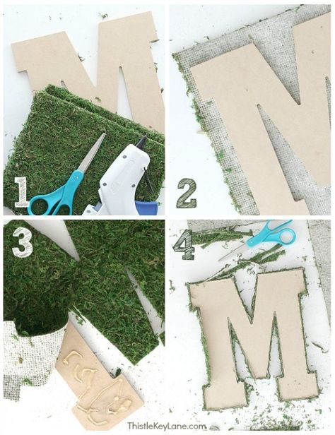 DIY moss covered letters are quick and simple to make with only a short list of supplies needed. Moss covered letters are perfect for parties and seasonal decor. #mossletters #howtomakemossletters #sesonaldecor #partydecor #holidaydecor #springdecor #mosscoveredletters Moss Letters Diy, Greenery Letters, Grass Letters, Floral Letters Diy, Flower Letters Diy, Moss Covered Letters, Hotel Renovation, Styrofoam Letters, Cabin Garden