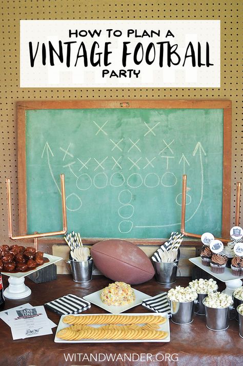 DIY Vintage Football Party Tailgate - Wit & Wander Vintage Football Party, Football Party Printables, Bacon Cheeseball, Football Centerpieces, Football Themed Party, Football First Birthday, Tailgate Ideas, Party Decorations Diy, Football Party Decorations