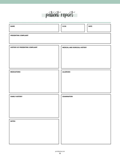 A patient history template for home health nurses with sections for personal details, presenting complaint, medical history, medications, allergies, family history, examination findings, and notes. Nursing Report Sheet Templates, Nurse Template, History Template, Home Health Nurse, Nursing School Notes, Record Keeping, Todo List, Nursing Care, Medical Records