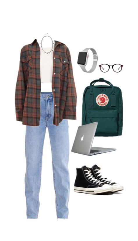 Blue jeans • white cropped t shirt • forest green back pack • gray Apple Watch and matching Apple MacBook Air • black lace up sneakers • silver jewelry • black round framed glasses First Day Of School Outfit Highschool Sophomore, Outfit Inspo For Highschool, High School Picture Day Outfit Ideas, 90s High School Fashion, Back Too School Outfits, High School Outfits Summer, First Day Of Highschool Outfits Freshman, 1st Day Of School Outfit Highschool, Highschool Outfit Ideas