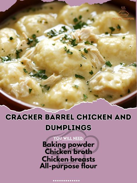 🐔🍲 Warm up with the comforting flavors of Cracker Barrel Chicken and Dumplings—just like grandma used to make! 🍗🥣 #ComfortFood #HomestyleCooking Cracker Barrel Chicken and Dumplings Ingredients: Chicken breasts, boneless and skinless (2) Chicken broth (4 cups) All-purpose flour (2 cups) Baking powder (1 tsp) Salt (1/2 tsp) Milk (1 cup) Butter (4 tbsp) Fresh parsley, chopped (1 tbsp, for garnish) Instructions: In a large pot, cook chicken breasts in chicken broth until tender. Remove chicke... Easy Chicken Dinner Crockpot, Homemade Chicken Dumplings, Cracker Barrel Chicken And Dumplings Recipe, Cracker Barrel Chicken And Dumplings, Quick Chicken Recipes Healthy, Chicken Casserole Recipes Healthy, Cracker Barrel Chicken, Easy Chicken Casserole Recipes, Homemade Chicken And Dumplings