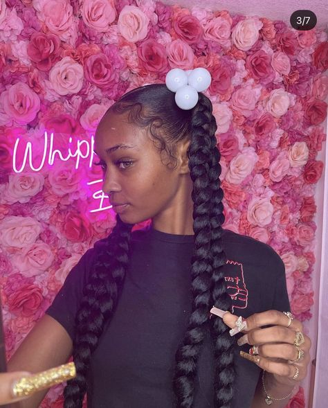 Double Braid Hairstyles For Black Women, Two Pigtail Braids Hairstyle Black Women, Hairstyles For Black Women 2 Braids, Jumbo Braids Ponytail, Two Pigtails Hairstyles Braids, Braided Pigtail Hairstyles Black Women, 2 Pony Braids, Two Jumbo Braid Ponytail, Feed In Pigtail Braids