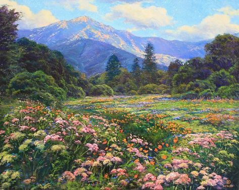 Spring Painting Landscape, Impressionism Mountains, Spring Landscape Paintings, Flower Landscape Painting, Spring Landscape Photography, Spring Oil Painting, Nature Oil Painting, Oil Painting Nature, Painting Spring