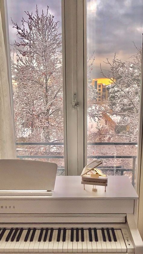 Winter window and piano Piano Room Decor, Snow Ideas, Piano Aesthetic, White Piano, Piano Practice, European Aesthetic, Piano Room, Enjoy Time, Window View