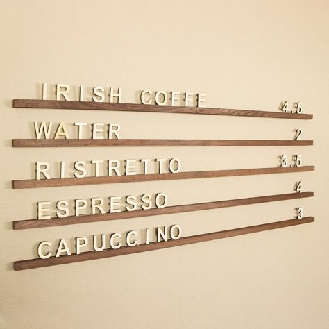 Wall Mounted Menu Rails With Changeable Letters Wood Wall - Etsy Singapore Menu Board Cafe, Wall Menu Board, Wooden Letter Board, Bakers Menu, Coffee Shop Menu, Wooden Letter, Menu Board, Letter Wall, Letter Set