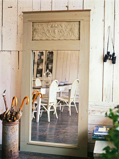 Large mirrors with fancy frames can break the bank. Save the money and construct a custom frame by building your own around a mirrored closet door! http://www.bhg.com/decorating/makeovers/furniture/diy-furniture-transformations/?socsrc=bhgpin051015mirrormagic&page=32 Salvaged Door, Recycled Door, Salvaged Doors, Build A Frame, Doors Repurposed, Open Door, Old Door, Old Doors, Home Projects