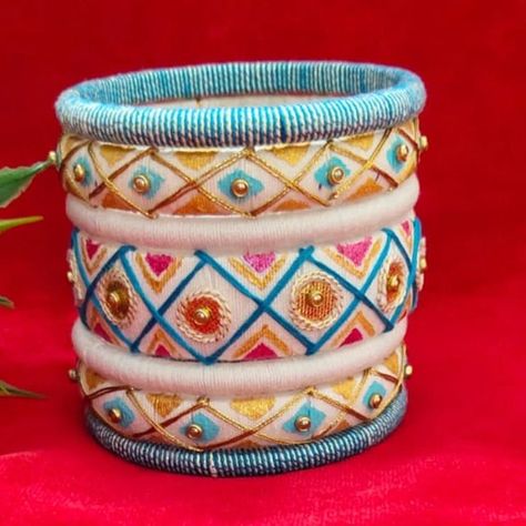 Cotton Thread Bangles, Navratri Bangles, Tread Bangles, Haldi Ceremony Decorations, Thread Accessories, Fabric Bangles, Jewelry Room, Silk Thread Bangles Design, Hand Embroidered Jewelry