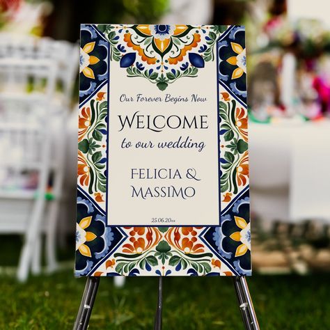 Azulejo blue Portuguese Talavera tiles vintage Mexican Hacienda wedding welcome sign board template Mediterranean ornate Talavera tile pattern Hacienda style wedding personalized entrance decor Portuguese Wedding Decor, Mexican Hacienda Wedding, Mexican Style Wedding, Tiles Mediterranean, Mexican Party Invitation, Mexican Wedding Decorations, Talavera Wedding, Vintage Mexican Wedding, Spanish Style Wedding