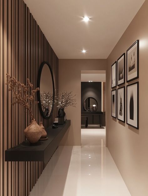 Luxury Hallway Entrance Modern, Entry Hallway Ideas Modern, Long Foyer Design, Entryway Wall Ideas Modern, Foyer Entrance Design Modern, Hallway Ideas Aesthetic, Welcoming Hallway Ideas, Statement Hallway Ideas, Foyer Wall Art Entryway