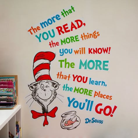 These bright, colorful wall clings are a great way to encourage students to read their hearts out! Featuring the Cat in the Hat along with motivational messaging, these classroom decorations can stick to doors, windows and other places to inspire kids to read more, learn more and grow more. Clings to most smooth surfaces and removes easily after use. Vinyl. (11 pcs. per set) 23 1/2" x 35" Only at OTC / TM & © 2023 Dr. Seuss Enterprises, L.P. All Rights Reserved. Dr Seuss Room Decor, Dr Seuss Classroom Theme Preschool, Speech Classroom Decor Themes, Classroom Themes For Preschool, Dr Seuss Mural, Dr Seuss Classroom Door Decorations, Doctor Suess Classroom, Speech Classroom Decor, Dr Seuss Classroom Door