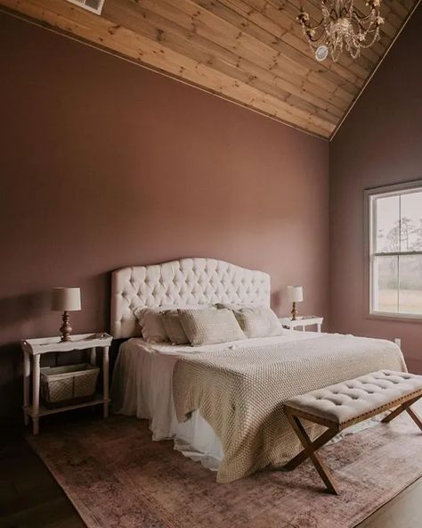 Sw 9077 Bedroom Sw Rosaline Pearl, Rambling Rose Sherwin Williams, Rosaline Pearl Sherwin Williams, Setting Plaster Bedroom, Pearl Paint Color, Brown Walls Bedroom, Color Drenched Bedroom, Dusty Rose Bedroom, Cozy Bedroom Paint Colors