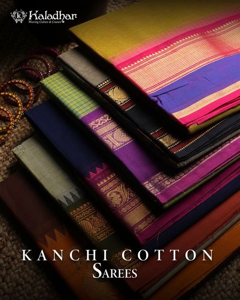 The famous and gorgeous Kanchi Cotton sarees have been around for centuries. Made from pure cotton yarns, they keep you cool in the extreme heat of summer. A zari border with colours in contrast to the body and pallus woven with varied motifs inspired by the temples of Kanchipuram enhances the beauty of these masterpieces. Check out our special collections today!

Do walk into our store for an experience. 

#Kaladhar #Fashion #Handloom #Traditional #ModernWomen #Embroidery #Sarees #KanchiCotton Kanchi Cotton Saree, Cotton Sarees Handloom, Embroidery Sarees, Cotton Sarees Online, Handmade Fashion Jewelry, Blouse Material, Extreme Heat, Cotton Sarees, Traditional Indian