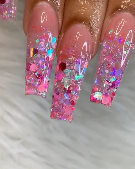 💅🏽Karina Colvon💅🏽 on Instagram: “My customs glitters will be available for purchase next month, here’s a glimpse of one of them😊 Using @bluestreakcrystals 💕 #kcnails…” Cute Ombre Nail Designs, Encapsulated Birthday Nails, Pink Encapsulated Nails, Pink Encapsulated Nails Glitter, Rainbow Encapsulated Nails, Colourful Acrylic Nails, Bright Nail Art, Purple Chunky Glitter Nails, Red Nails Glitter