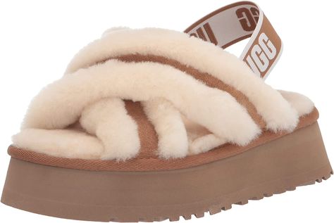 Amazon.com | UGG Women's Disco Cross Slide Slipper, Black, 5 | Slides Ugg Platform Slippers, Ugg Store, Ugg Sandals, Ugg Boots Australia, Shearling Slippers, Brown Leather Ankle Boots, Ugg Slippers, Open Toe Shoes, Platform Slippers