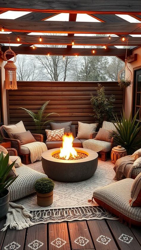 Transform your outdoor space into a cozy winter retreat with these 21 boho patio ideas! Discover how adding a fire pit can elevate your patio's charm and warmth, making it the perfect spot for relaxation and gathering with loved ones. Dive into creative decor tips, furniture styles, and inviting setups that embody the bohemian spirit. Whether you're looking to create a serene escape or a lively gathering space, these ideas will inspire you to craft the perfect winter oasis. Explore now and bring your dream patio to life! Wood Patio Ideas, Winter Patio Ideas Cold Weather, Patio Set Up Ideas, Boho Chic Patio, Covered Patio Decorating Ideas, Cozy Fire Pit Area, Cozy Outdoor Patio, Bohemian Outdoor Spaces, Boho Patio Ideas