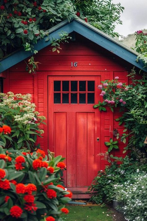 Inspiring Shed Paint Ideas to Enhance Your Yard Painted Shed Interior, Red Shed Ideas, Painted Shed Ideas, Garden Shed Paint Ideas, Whimsical Shed, Shed Colours Ideas, Outdoor Shed Makeover, Painted Sheds Ideas Colour, Shed Paint Colors