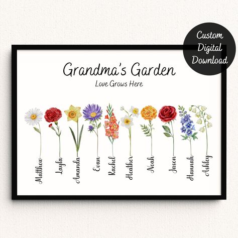 Grandma's Garden, Grandmas Garden, Christmas Gifts For Grandma, Flower Printable, Gift For Grandma, Birth Flower, Birth Month, Birth Flowers, Grandma Gifts