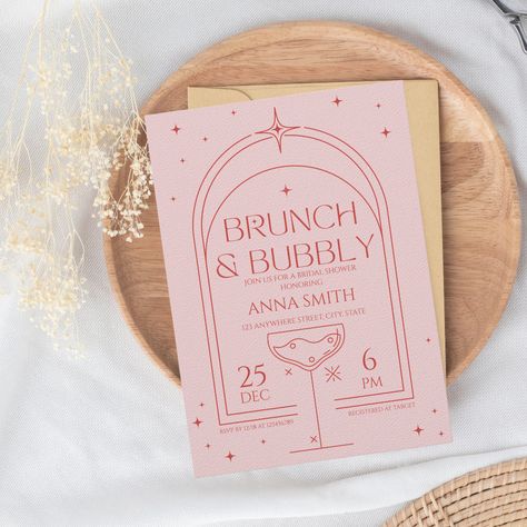 Brunch & Bubbly Retro Pink Red Bridal Shower Invitation Brunch And Bubbly Invitations, Brunch And Bubbly, Brunch Bubbly, Menu Designs, Birthday Brunch, Bridal Shower Tea, Brunch Invitations, It S My Birthday, Bridal Shower Brunch