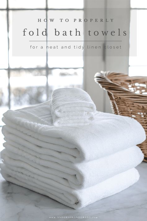 Learn the proper way to fold washcloths, hand towels, and bath towels for a neat and tidy bathroom linen closet.  |  www.andersonandgrant.com Fold Washcloths, Fold Bath Towels, How To Fold Bath Towels, Office Closet Ideas, Fancy Towels, Bathroom Linen Closet, Fold Towels, Bathroom Closet Organization, Best Bath Towels