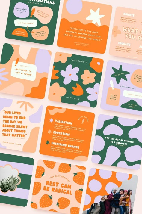 These Canva templates for Instagram include 20 beautiful templates for any type of business, niche and brand vibe. They also Include a demo video on how to customize them in Canva! These templates are designed to grow your Instagram engagement, come with trending layout styles and editable elements that you can mix and match. Yellow And Orange Branding, Grow Graphic Design, Instagram Style Design, Fun Layout Design, Instagram Infographic Design, Instagram Branding Ideas, Brand Layout, Beauty Branding Design, Canva Social Media Templates