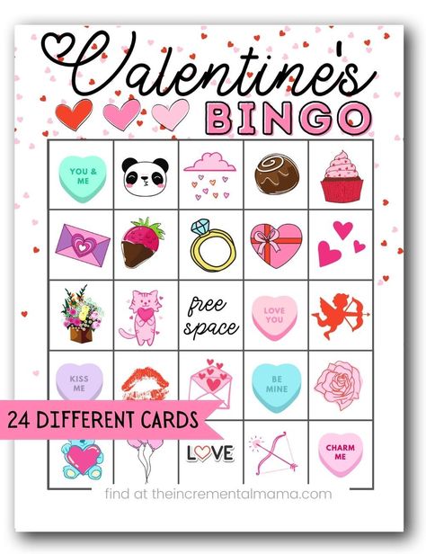 This free printable Valentine's Bingo game is a simple and easy way to have some fun this Valentine's Day. The free download includes 24 different cards, making it perfect for a preschool or elementary school class or to just do with your kids at home. Valentine Bingo Free Printable, Valentines Bingo, Bingo Printable Free, Valentine Party Game, Valentine Bingo, Bingo For Kids, Valentines Games, Valentinstag Party, Bingo Cards Printable