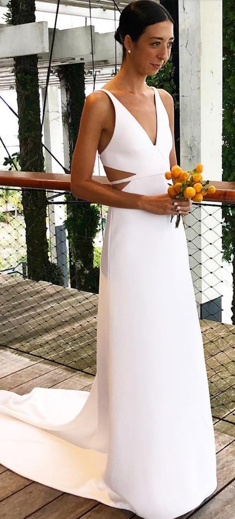 This Stylist Wore the Chicest Calvin Klein Wedding Dress in Existence, Hands Down Calvin Klein Wedding Dress, Minimal Modern Wedding Dress, Simple Wedding Dress No Train, Wedding Dresses Affordable, Wedding Dress V Neck, Wedding Dresses Beach, Twirling Dress, Wedding Dress Beach, Custom Wedding Dresses