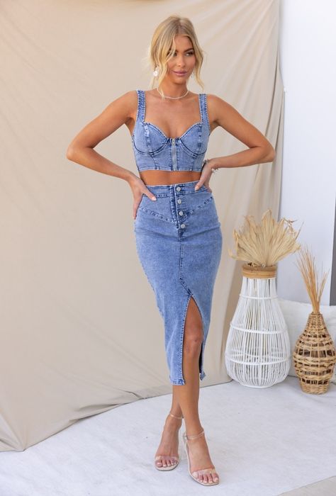 Denim Night Bachelorette, Nashville Bachelorette Party Outfit Denim, White Denim Bachelorette Outfit, Denim Two Piece Set, Denim Two Piece Outfit, Denim Bachelorette Outfit, Spring Denim Fitted Sets, Spring Night Out Denim Corset, Denim And Diamonds Party Outfit