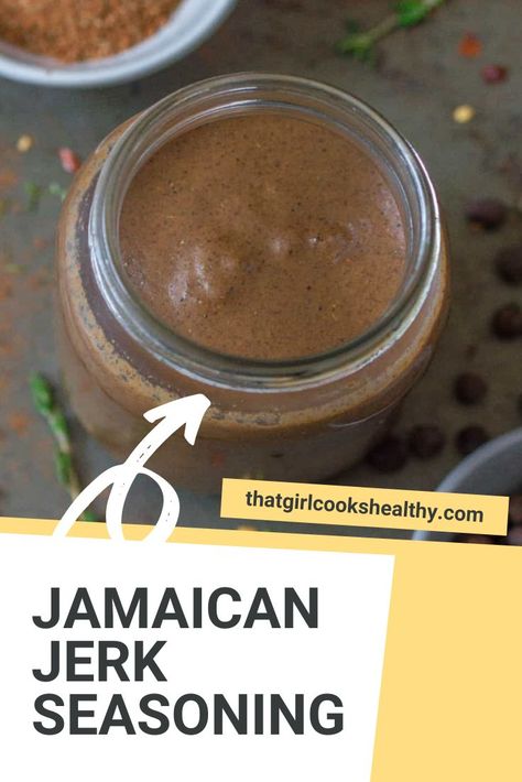 Jar of Easy Jamaican Jerk Seasoning on a baking tray. Jerk Paste Recipe, Jerk Paste, Jerk Seasoning Recipe, Jamaican Jerk Sauce, West Indian Recipes, Caribbean Food Recipes, Caribbean Drinks, Healing Your Gut, Jamaican Jerk Seasoning