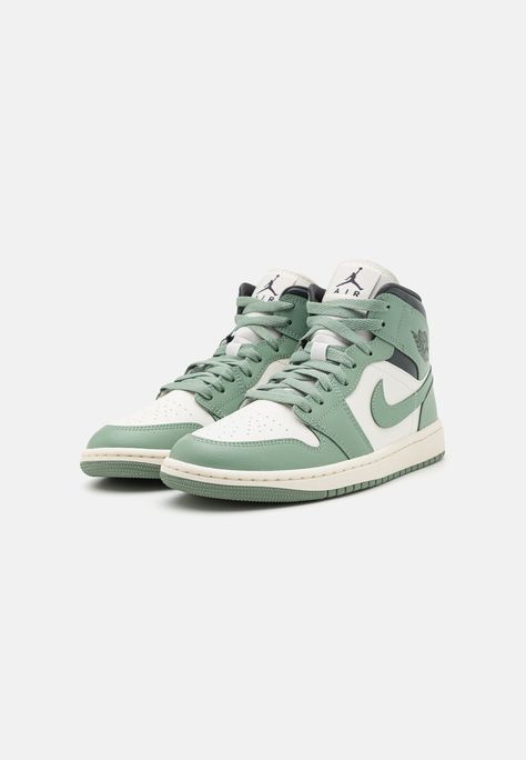 Jordan AIR JORDAN 1 MID - High-top trainers - sail/jade smoke/anthracite Nike Air Jordans Green, Jordan 1 Mid Top, Women’s Jordans, Air Jordan 1 Colors, Nike Shoes Women Fashion, Green Jordans, Pretty Sneakers, Mid Sneakers, Nike Shoes Girls