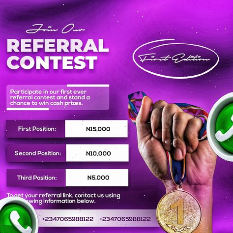 A design for an online referral contest Referral Contest Flyer Design, Referral Flyer Design, Contest Flyer Design, Media Flyer Design, Social Media Flyer Design, Social Media Contests, Church Backgrounds, Win Cash Prizes, Social Media Advertising Design