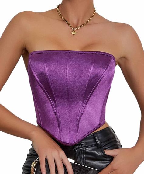 Amazon.com: Moessa Women's Satin Corset Top Sexy Backless Strapless Sweetheart Neck Bustier Boned Bodyshaper Party Crop Top 9385-Purple-S : Clothing, Shoes & Jewelry Satin Corset Top, Midi Dress Plus Size, Maxi Skirt Outfits, Strapless Crop Top, Satin Corset, Printed Wide Leg Pants, Argyle Sweater, Round Neck Sweaters, Ribbed Knit Sweater