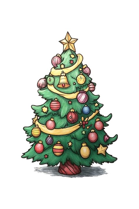 Illustration of a beautifully decorated Christmas tree adorned with stars – a holiday design that captures the warm and joyful atmosphere of the year-end season! Christmas Tree Cartoon, Christmas Tree Sticker, Christmas Tree Illustration, Tree Cartoon, Cartoon Christmas Tree, Tree Sticker, Buy Christmas Tree, Tree Stickers, Cartoon Christmas