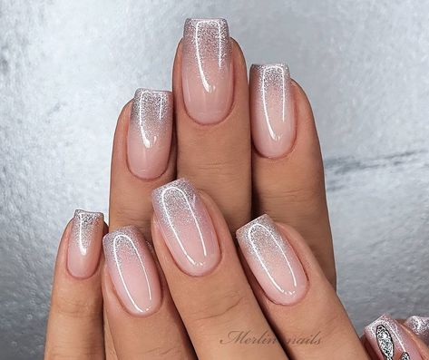 Nude And Silver Acrylic Nails, Nude Silver Nails, Reception Nails, Nude And Silver Nails, Frosted Nails, Silver Sparkly Nails, Baby Boomers Nails, Engagement Nails, White And Silver Nails