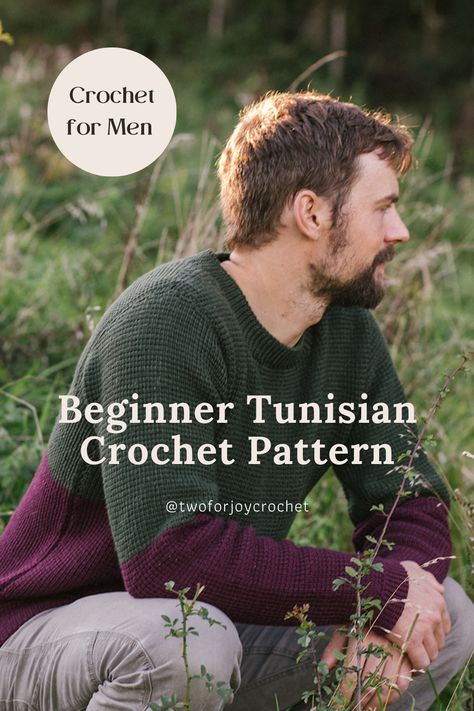 A classic roundneck men's jumper using easy Tunisian Simple Stitch. Beginner friendly construction and amazing result. By Lydia Niven at Two for Joy Crochet. Crochet Mens Sweater, Crochet Pattern For Men, Crochet Pins, Crochet Jumper Pattern, Tunisian Simple Stitch, Jumper Pattern, Tunisian Crochet Pattern, Crochet Men, Simple Stitch