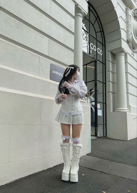 White Vampire Aesthetic Outfit, Snow Fairy Aesthetic Outfits, White Concert Outfit Kpop, Winter Fairy Aesthetic Outfits, Winter Fairy Coquette Outfits, White Vampire Outfit, Winter Fairy Outfit, White Concert Outfit, Platform Fur Boots