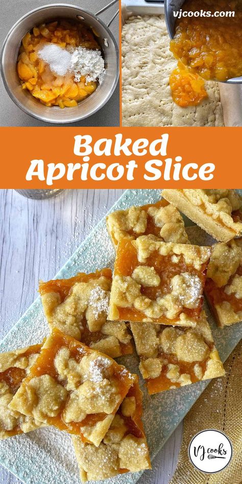 A buttery soft, vanilla slice filled with gently cooked apricots. Canned Apricots Recipes, Recipes With Apricots, Healthy Slice Recipe, Apricot Slice Recipe, Can Apricot Recipes, Best Vanilla Slice Recipe, Jam And Coconut Slice, Morning Tea Ideas, Baked Slices