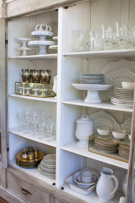 How to style your china cabinet China Cabinet Set Up, How To Store Serving Platters, How To Display Glassware, How To Display China In Cabinet, China Cabinet Organization, China Display Ideas, China Cabinet Styling, Modern China Cabinet Display, Large China Cabinet