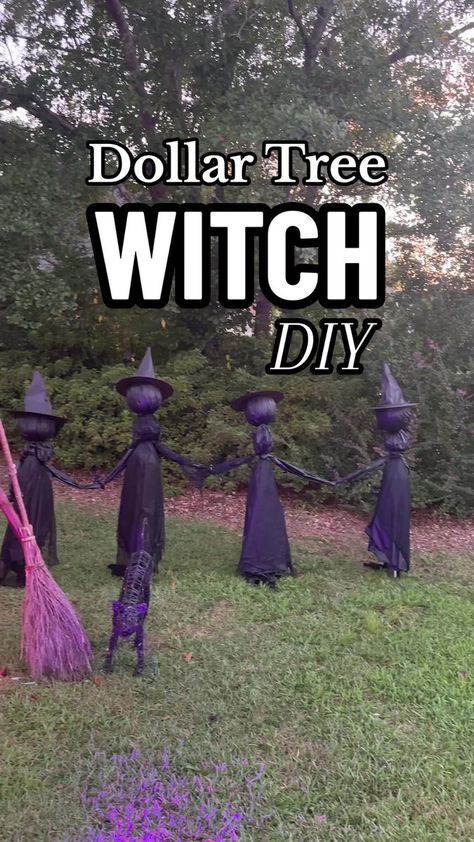 DIY coven to spook your neighbors with! $5 dollar tree witch Halloween yard decor! 🧙‍♀️ #halloweendecor #halloweenyarddecorations #halloweendiy #dollartreediy | Kilee Rainbow | Jack Lenz · Goosebumps Theme Song (Unreleased Extended Version) Diy Witches Around Tree, Diy Witch Lawn Decor, Diy 3 Witches Holding Hands, Ring Of Witches Yard Decor, Diy Witches For The Yard, Yard Witches Holding Hands, Diy Witch Outdoor Decoration, Diy Witch Decorations Outdoor, Diy Witches