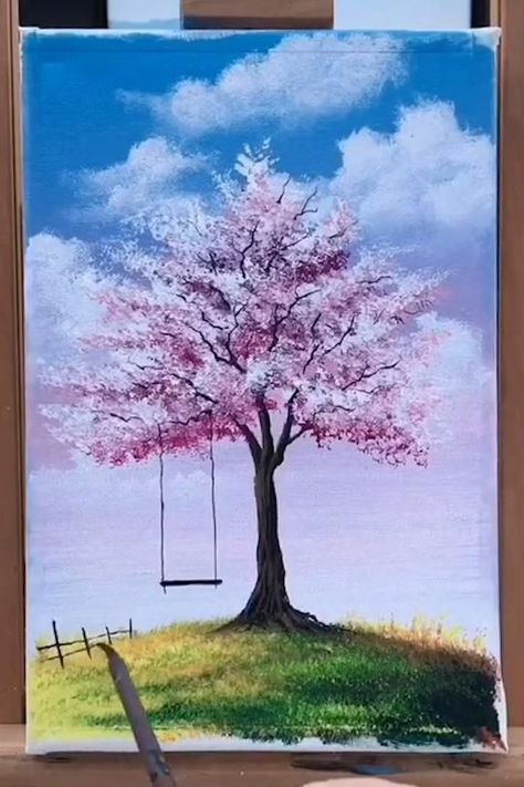 How to Paint Cherry Blossoms||Simple & Easy Cherry Blossom Abstract Painting Demonstration [Video] | Landscape art painting, Nature art painting, Flower art painting Boyfriend Painting, Sky Art Painting, Seni Dan Kraf, Canvas Painting Tutorials, Canvas Painting Designs, Landscape Art Painting, Painting Art Lesson, Nature Art Painting, Creative Painting