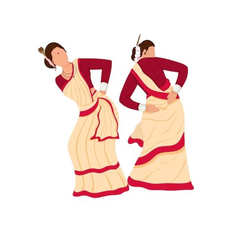 Cartoon assamese women doing bihu or fol... | Premium Vector #Freepik #vector #classical-dance #traditional-dance #bihu #traditional-dress Bihu Dance Illustration, Bihu Dance Drawing, Bihu Assam Dance, Assam Culture Art, Annual Day Themes, Assam Culture, Bihu Dance, Manipuri Dance, Dance Classical