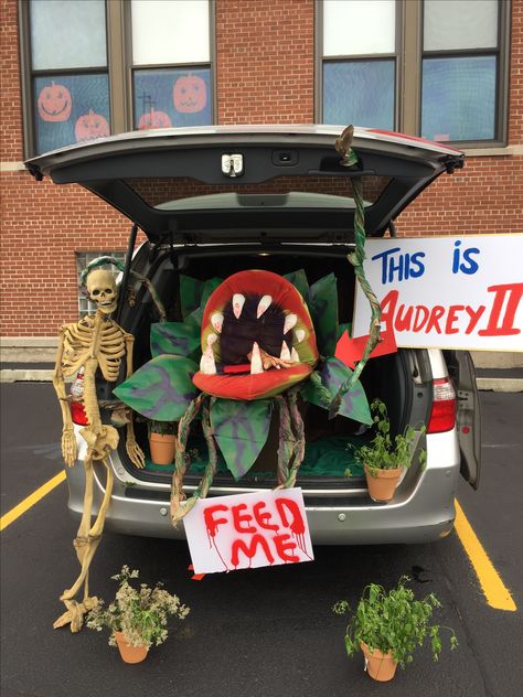 Our Audrey II from the Little Shop of Horror. Trunk or Treat. Halloween Car Decorations, Haunted Mansion Decor, Horror Crafts, Trunk Or Treat Ideas, Audrey Ii, Harvest Fest, The Hallow, October Crafts, Halloween Crafts Decorations