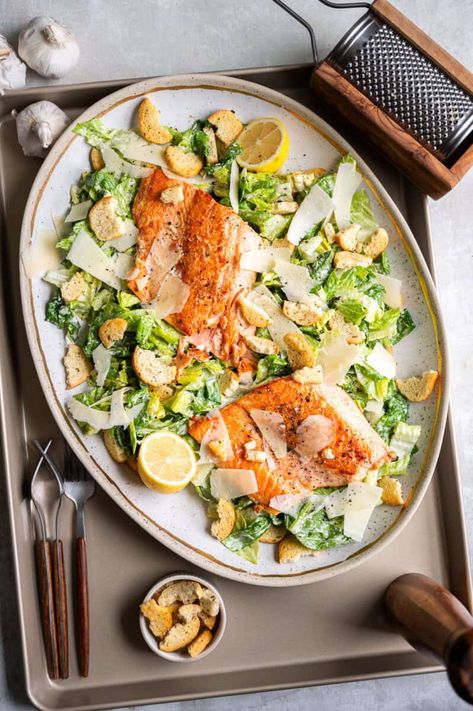 The Best Salmon Caesar Salad Recipe Salad Dressing For Salmon Salad, Salmon Ceasar Wrap, Salmon Ceased Salad, Salmon Caesar Salad, Homemade Caesar Dressing, Homemade Caesar, Best Salmon, Caesar Salad Recipe, Pan Seared Salmon