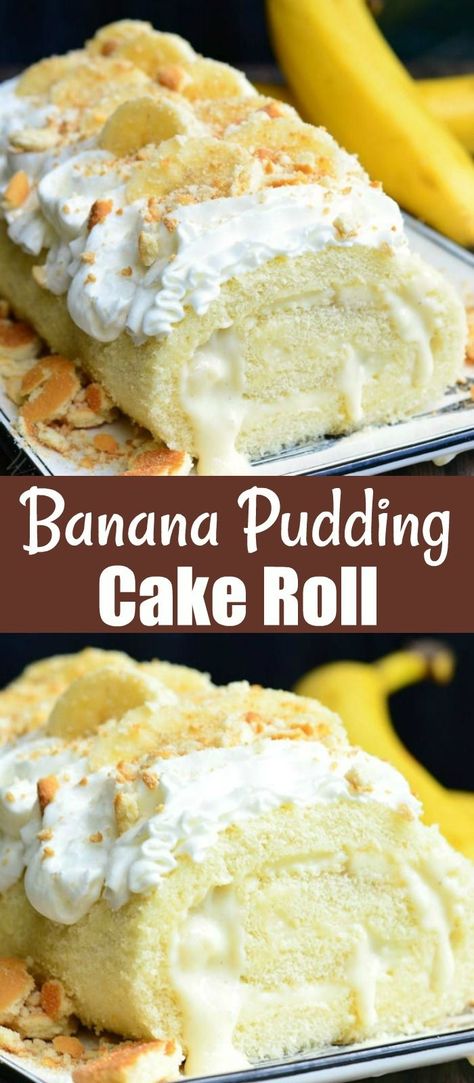 Soft, delicious cake roll that's rolled with homemade banana pudding, vanilla wafer crumbs and fresh bananas inside, then topped with whipped cream, bananas and vanilla wafer crumbs. #banana #bananapudding #pudding #cakeroll #cake #dessert Pudding Vanilla, Holiday Candy Recipes, Will Cook For Smiles, Whipped Cream Cakes, Banana Treats, Banana Pudding Cake, Homemade Banana Pudding, Vanilla Wafer, Cake Roll Recipes